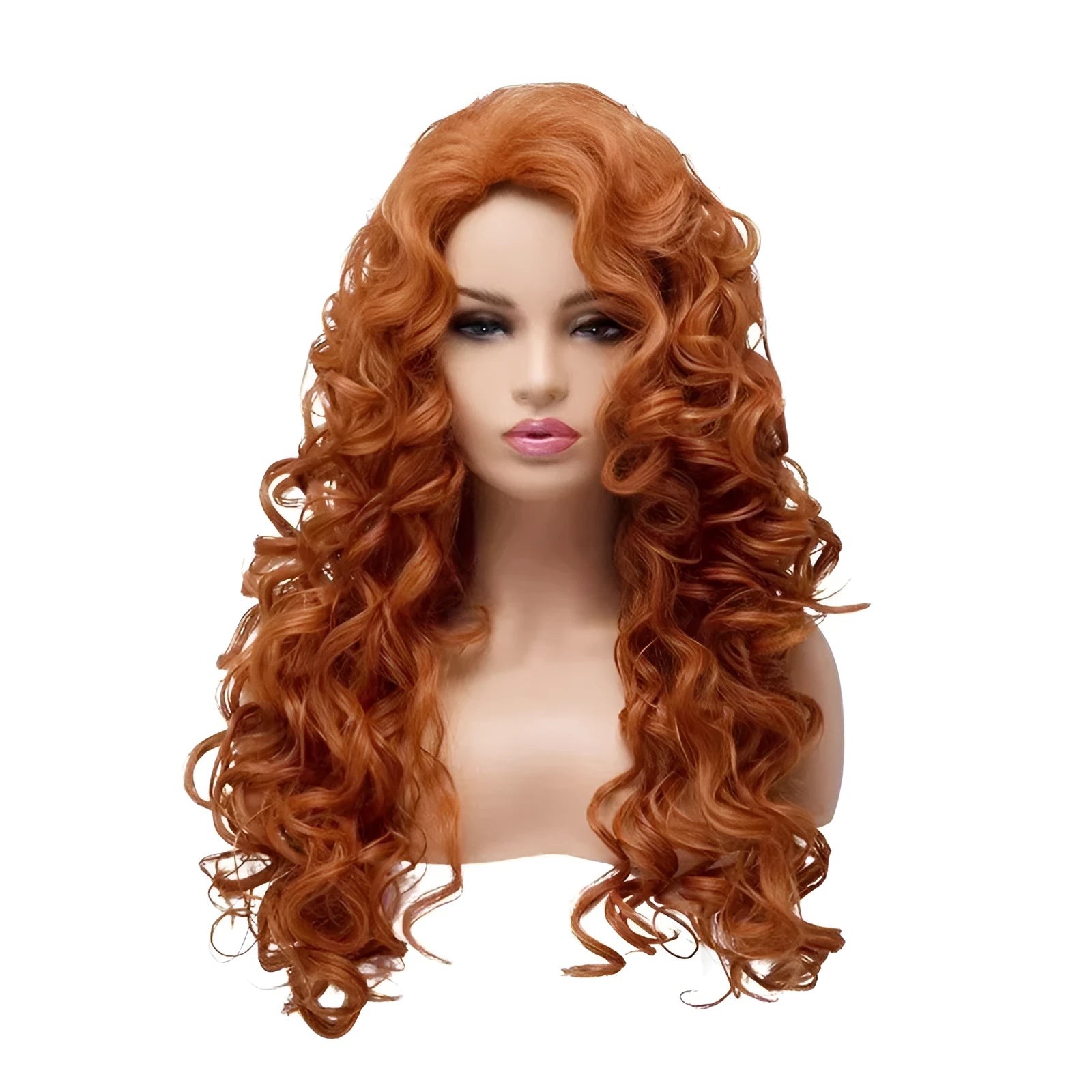 Brown long wavy curly costume wig displayed on included wig head cover