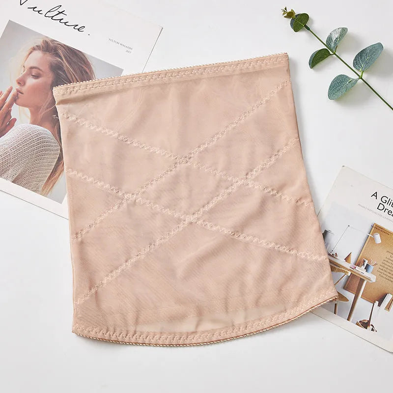 Black mesh belly band with cross waistband design for body sculpting and postpartum support.