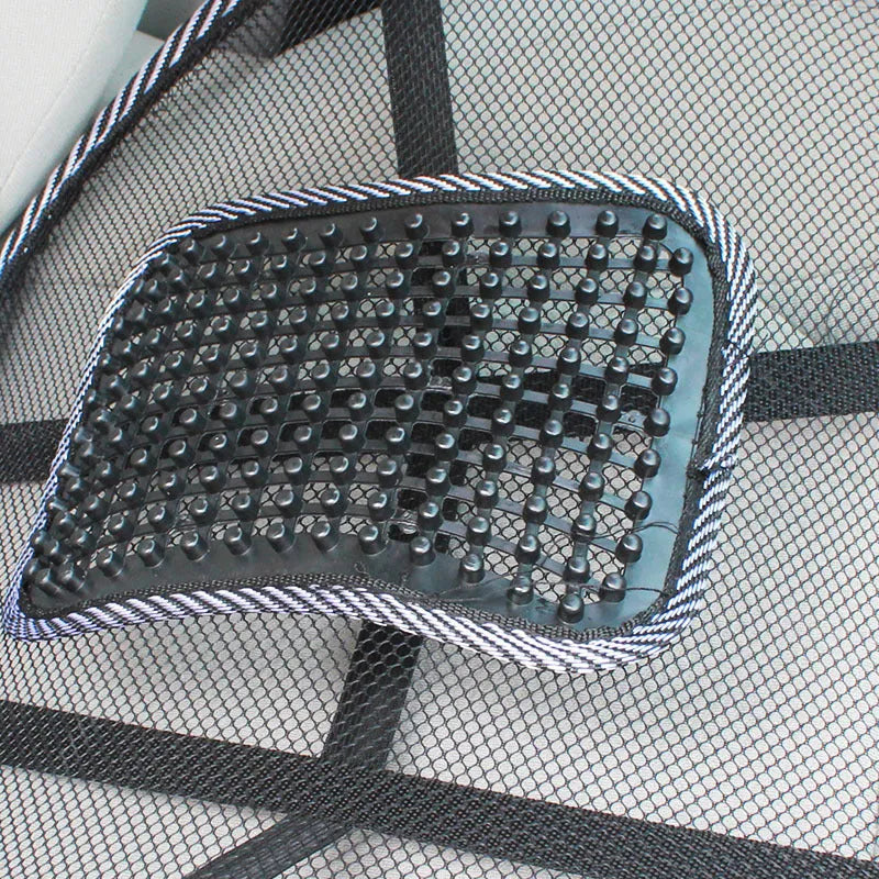 Black leather-pattern car lumbar support pillow showing adjustable steel wire frame construction