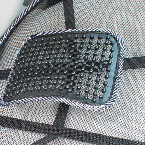 Black leather-pattern car lumbar support pillow showing adjustable steel wire frame construction