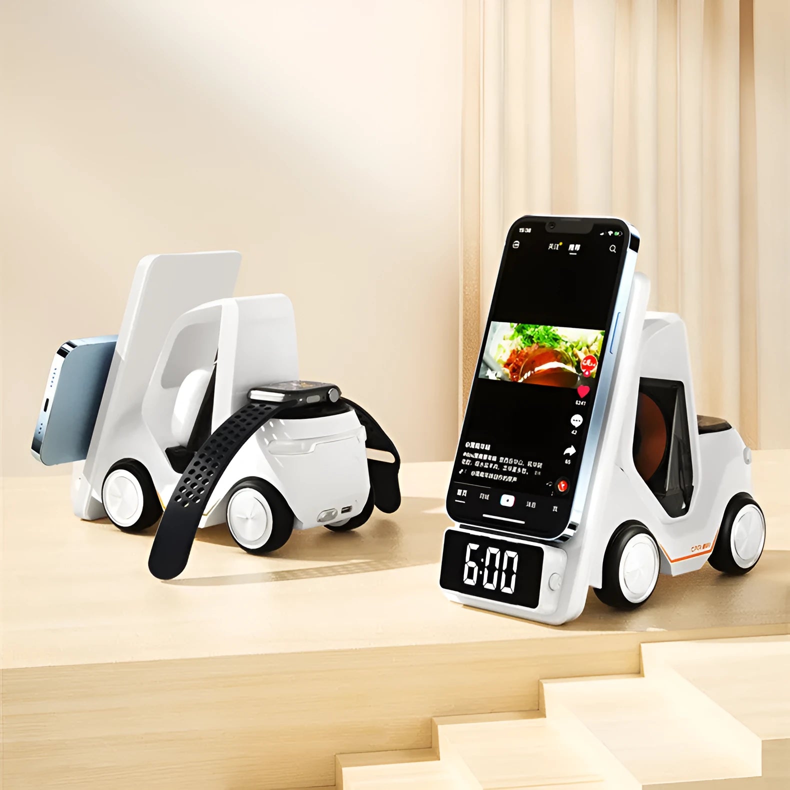 Gray, orange, white, and yellow 15W three-in-one wireless charging bracket for mobile phones and smartwatches