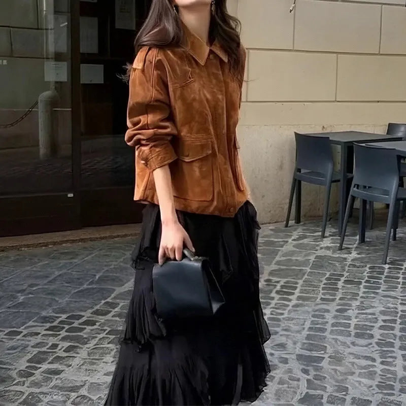 Women's brown suede street chic coat with regular sleeves