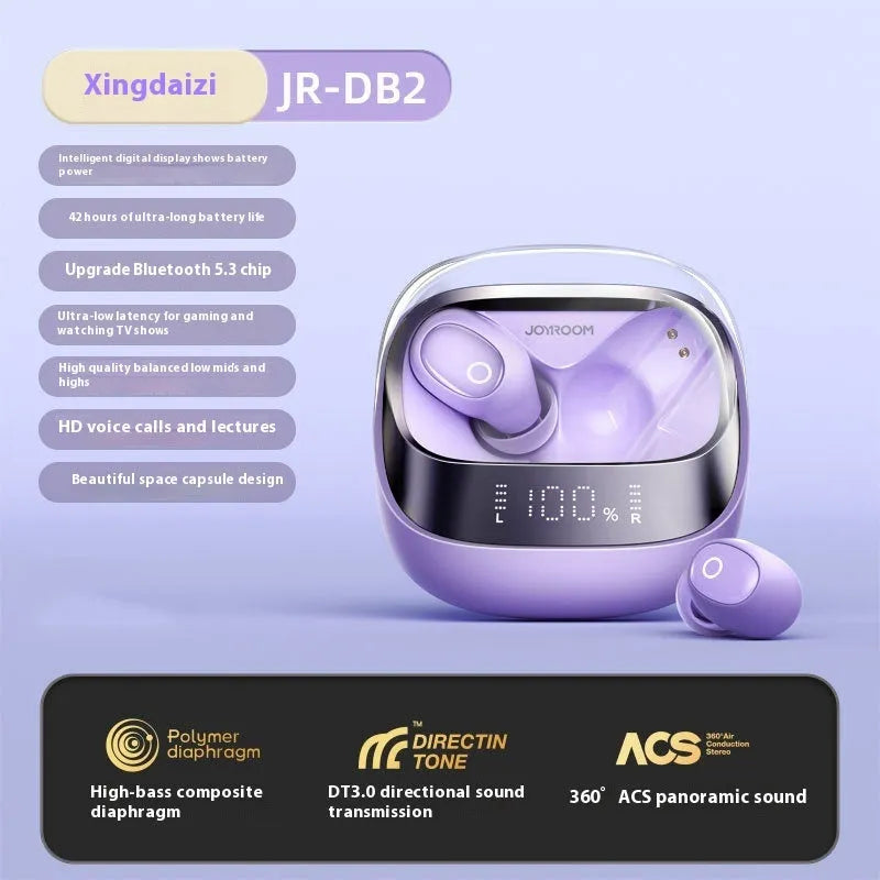 Wireless in-ear Bluetooth headphones with charging case in dawn white, black, or purple.