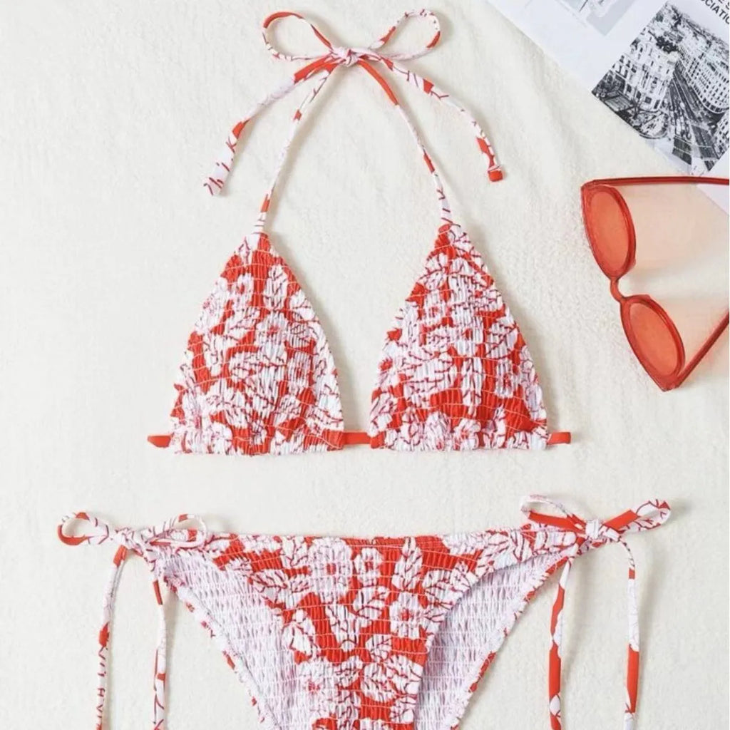Women's floral print halter swimsuit in multi-colour options with briefs bottom