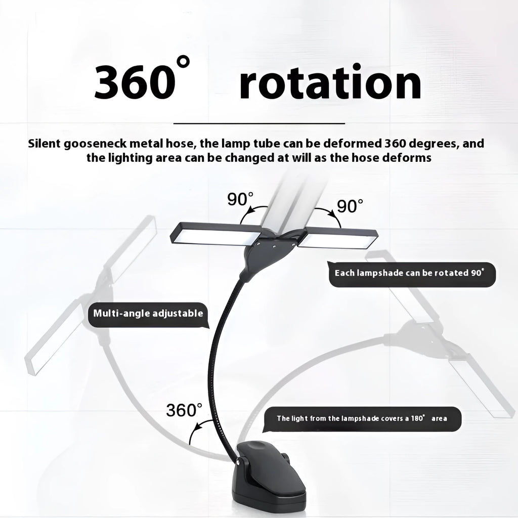 Black rechargeable music stand lamp with 28 LED lights and USB cable on a music stand.