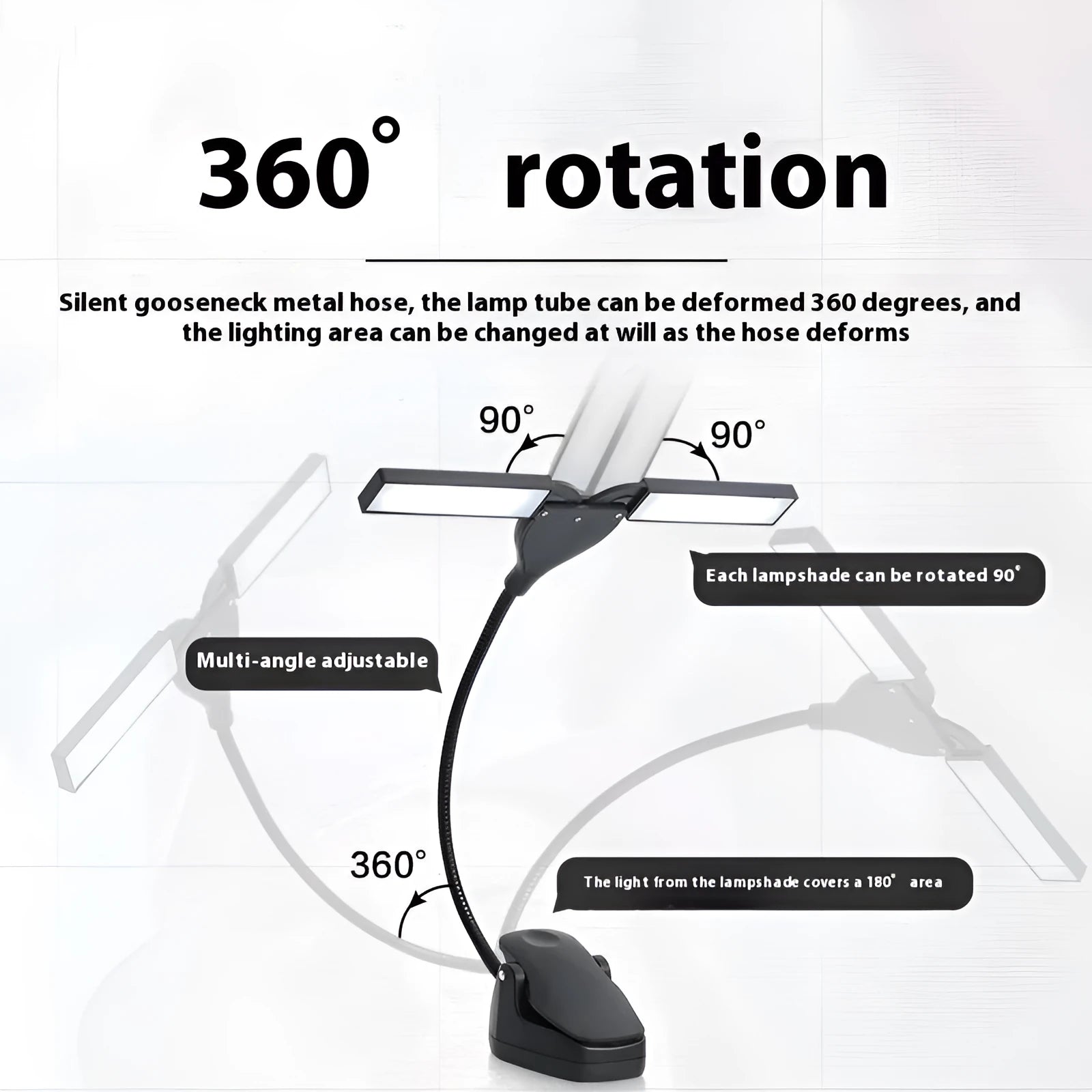 Black rechargeable music stand lamp with 28 LED lights and USB cable on a music stand.