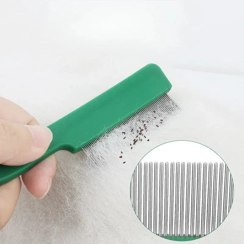 Green plastic handle stainless steel pet flea comb for dogs and cats on a white background.