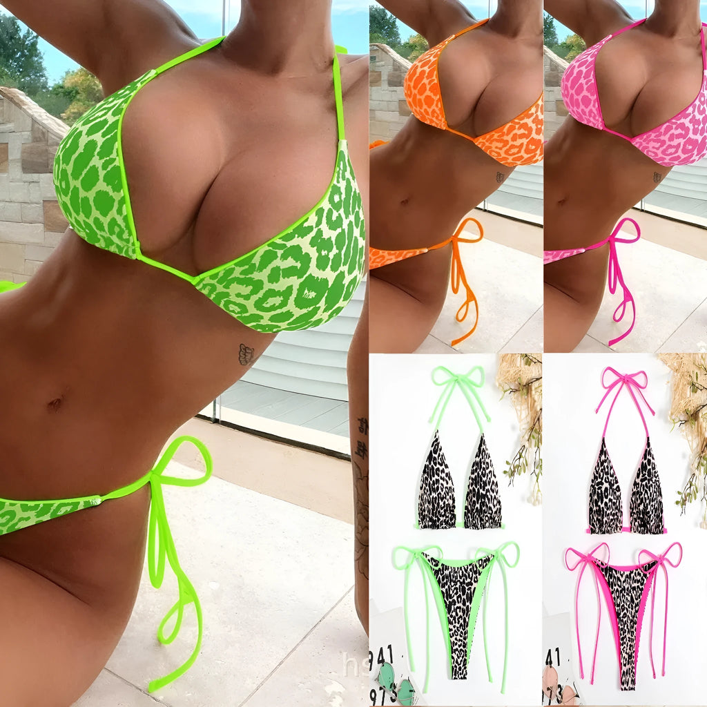 Women's triangle bikini with lace-up front detail on the top, shown in a variety of colours.