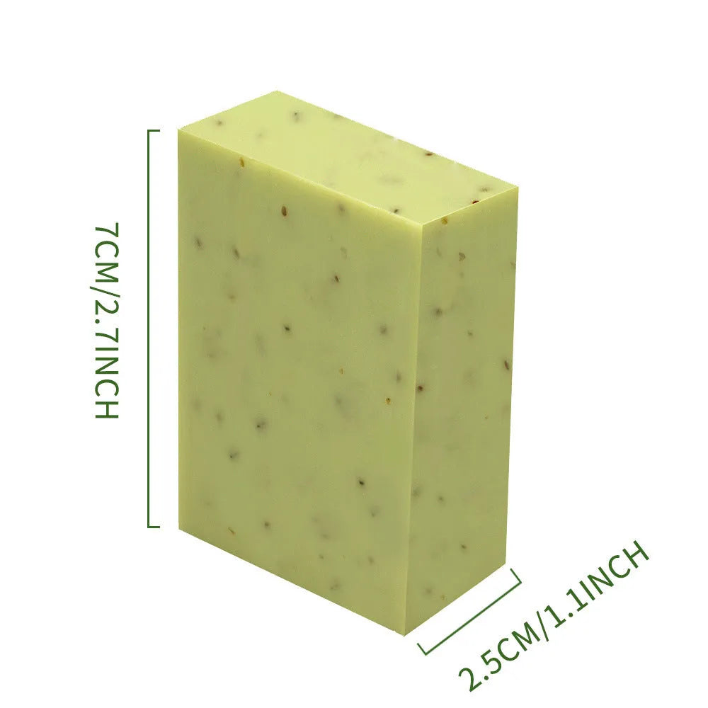 A frosted handmade essential oil soap bar in one of five scents: coconut, green tea, lavender, rose, or Four Boxes.
