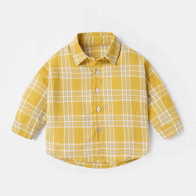 Boys' cotton shirt with lattice check pattern in khaki, available in sizes from 73cm to 110cm height