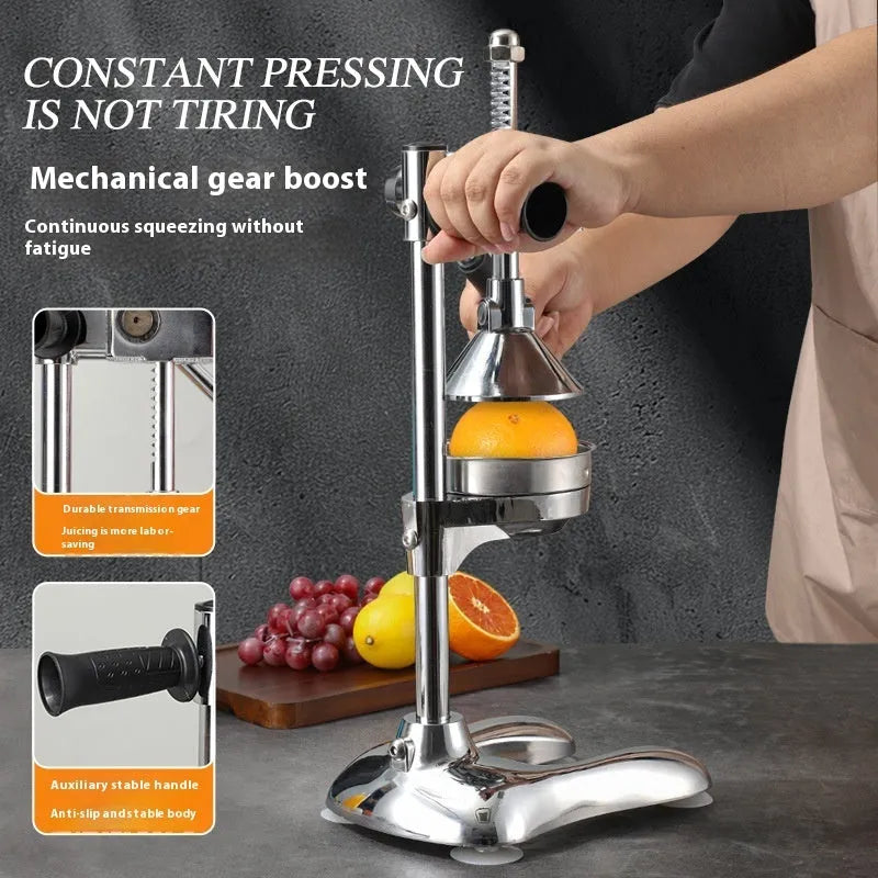 Vertical stainless steel manual juicer on a countertop, shown in silver finish with a pointed head style.