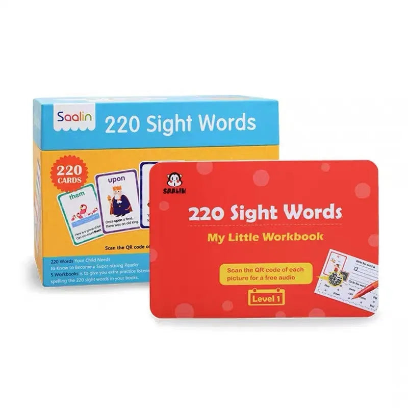 Early learning gift box containing 220 high-frequency word game cards and five phonics workbooks for children aged 3 and up.