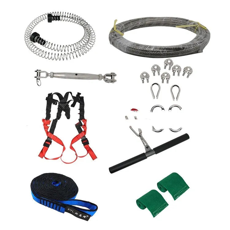 Children's outdoor pulley slide rope set with 10m cable, alloy steel pulley, and safety hardware