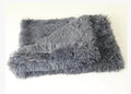 Long plush pet blanket in wool polyester blend showing dark grey, light grey and white colour options with size comparison