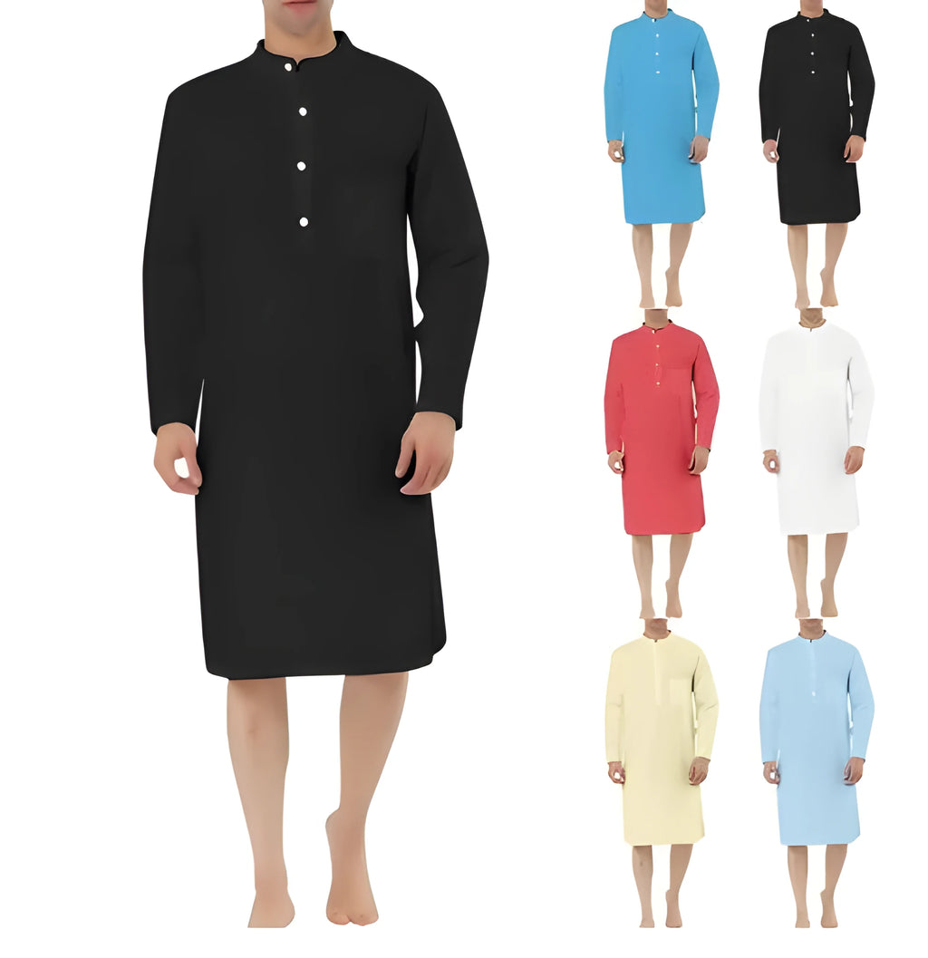 Men's cotton shirt robe with a front pocket, shown in one of nine available colours.