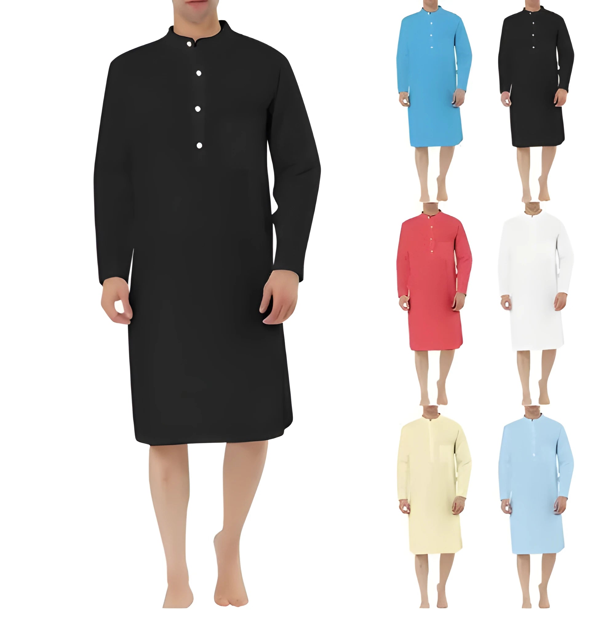 Men's cotton shirt robe with a front pocket, shown in one of nine available colours.