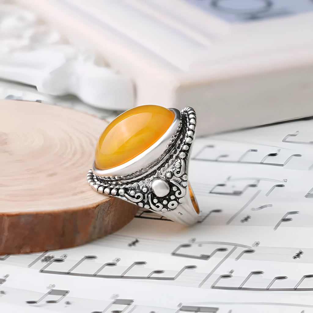 Retro geometry alloy ring antique silver amber colour with fluorescent beeswax design