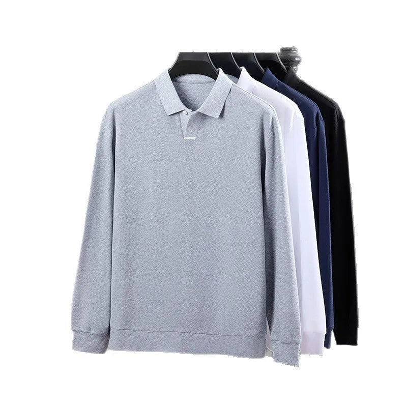 Men's grey asymmetric lapel cotton polo shirt in a loose fit.