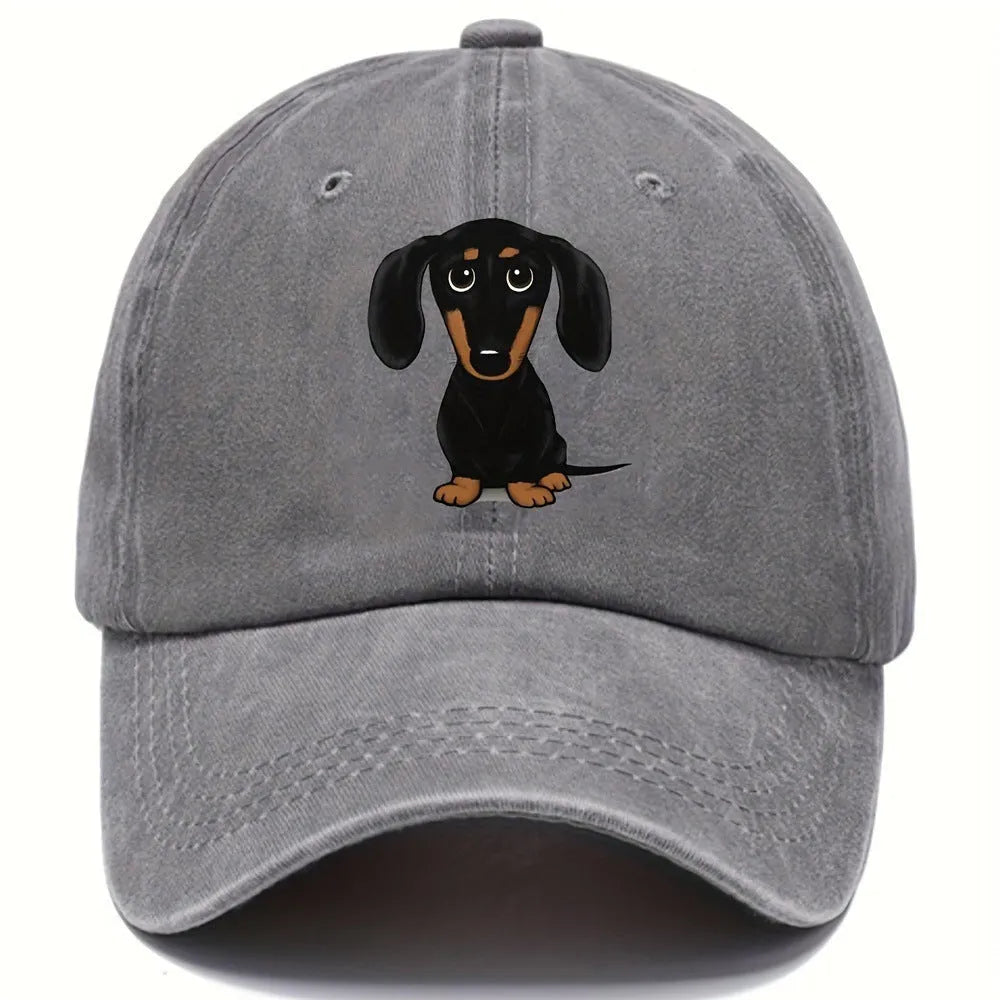 Retro washed cotton baseball cap with a Dachshund print on the front, featuring a peaked dome crown.