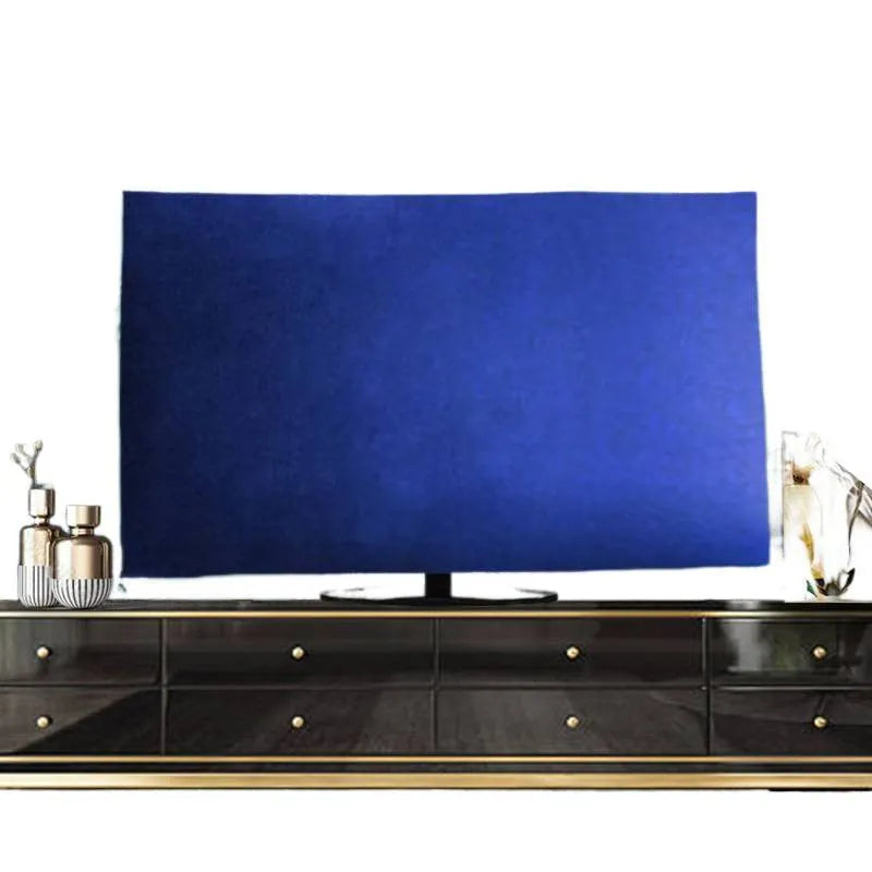 Soft velvet TV cover draped over a television, shown in pink, black, grey, khaki, green, and light blue colour options.