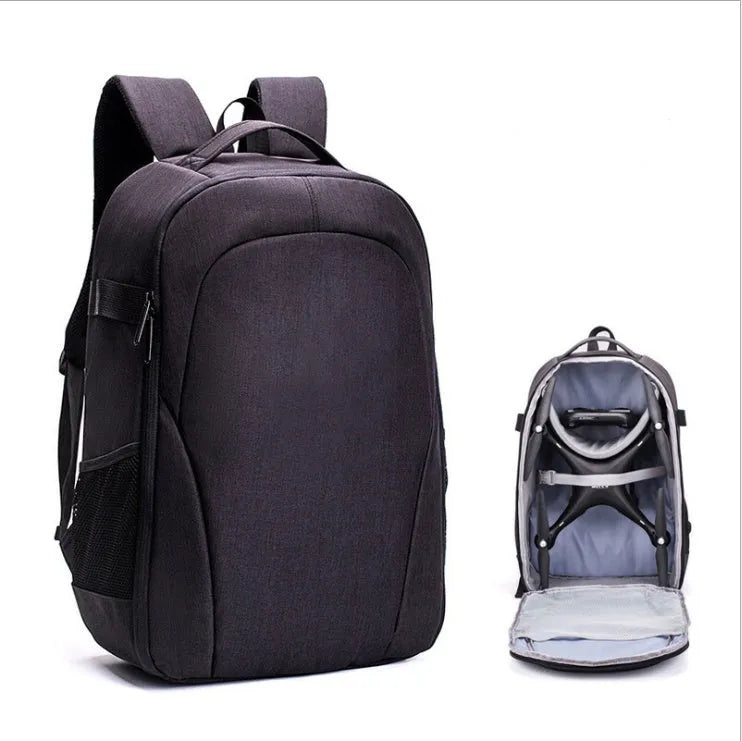 Black waterproof Oxford cloth drone backpack with 52cm dimensions and multiple zipper pockets for camera and laptop storage