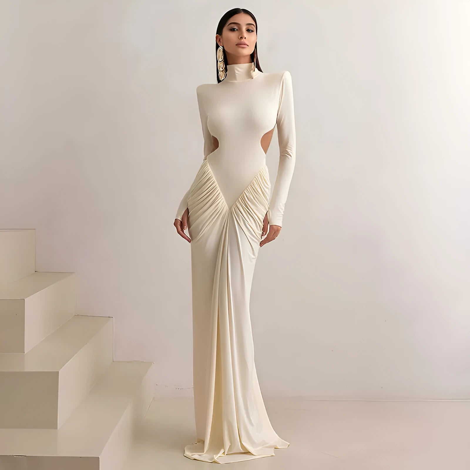 Women's long sleeve high collar backless slim fit dress with pleated detail in solid colour polyester fabric