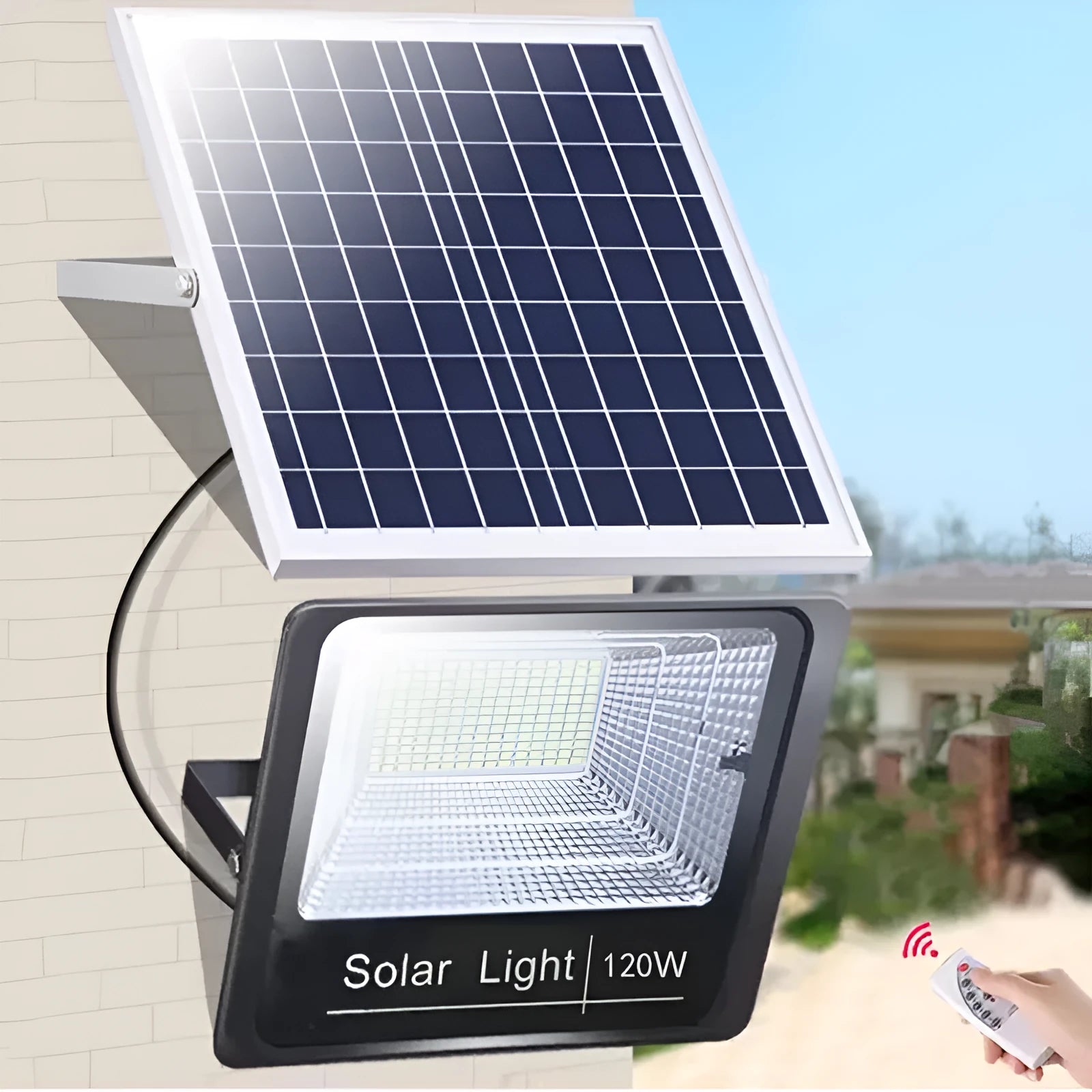 Black solar-powered outdoor LED garden floodlight with remote control on a wall.