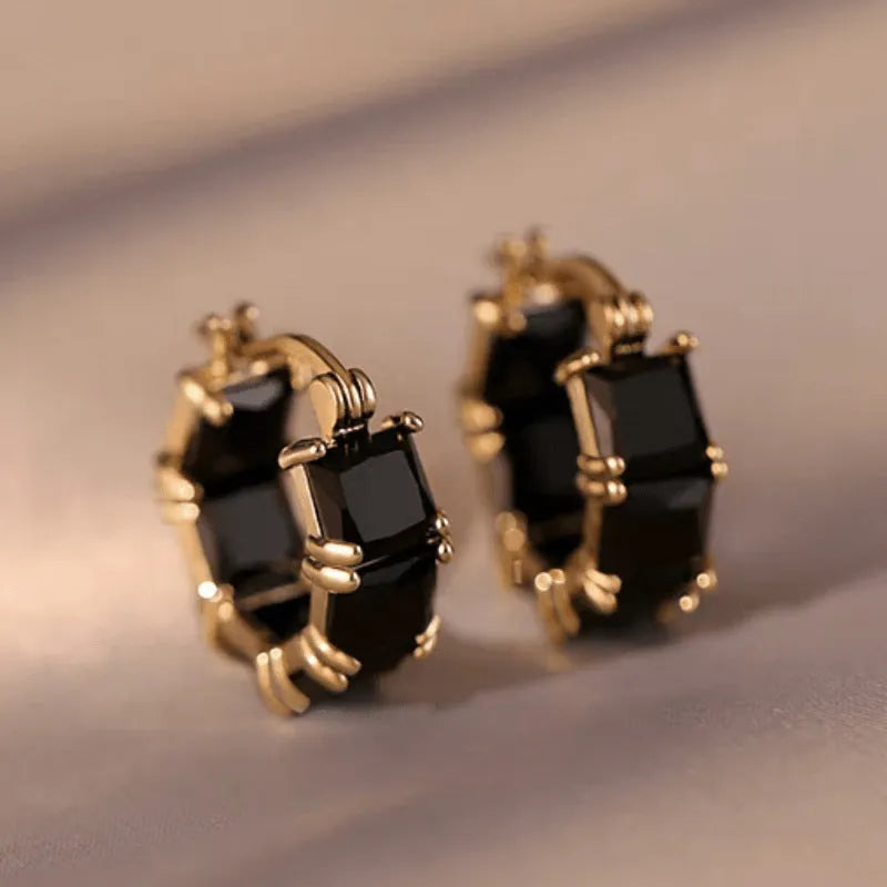 Geometric U-shaped women's earrings with crystal zirconium elements in black, pink, or white variants