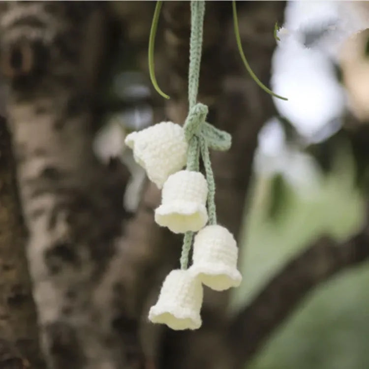 Green and white knitted wool car plant decoration with 25cm hanging rope