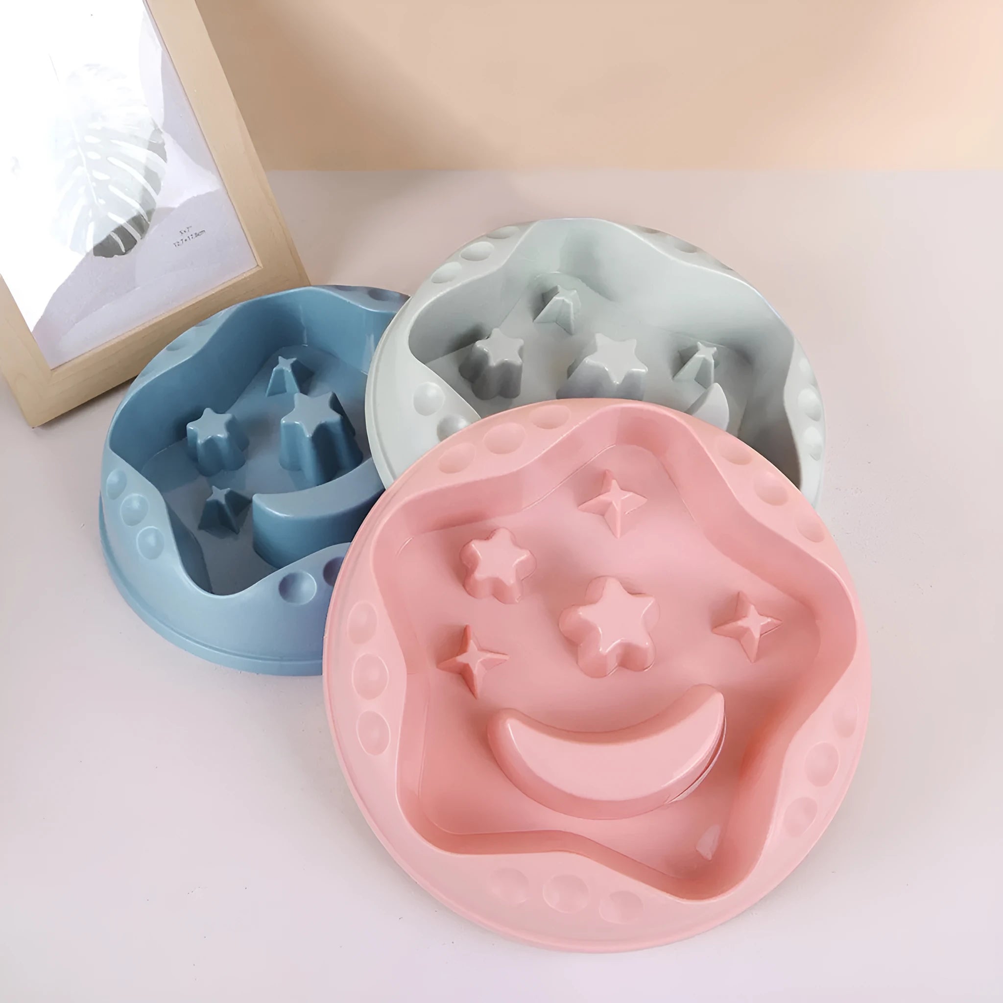Dog slow feeder bowl with moon, star, and wing pattern in blue colour, large capacity design for feeding and water