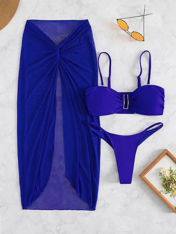 Women's French style three-piece bikini set with long culottes skirt in solid colour