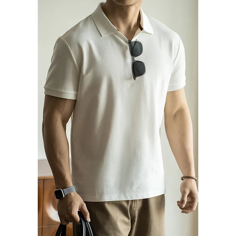American-style cotton-polyester breathable short-sleeved polo shirt in blue colour showing regular fit and casual styling