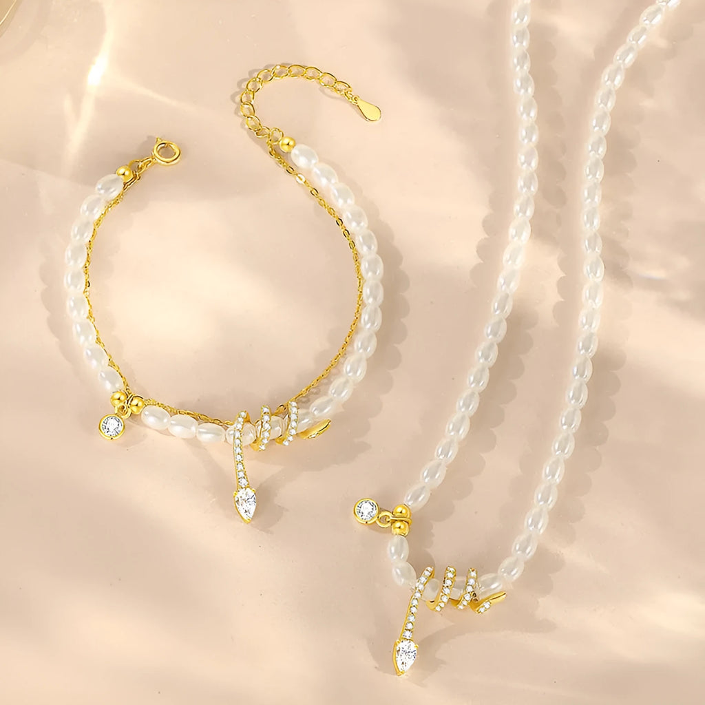 925 silver bracelet with geometric pearl snake design in electroplated gold tone