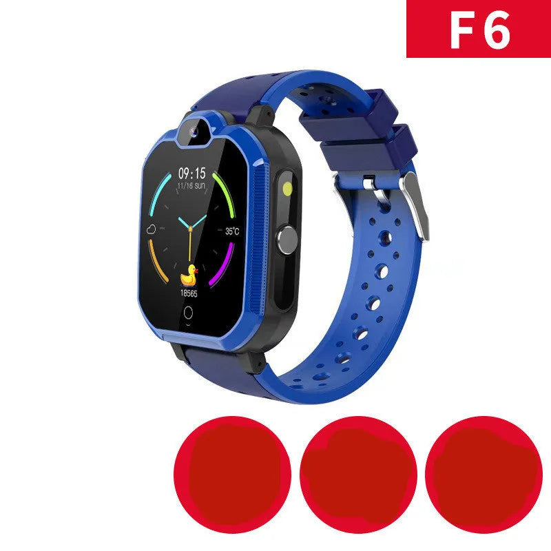 Blue children's smartwatch with a silicone strap showing a video call interface on its 1.44-inch screen.