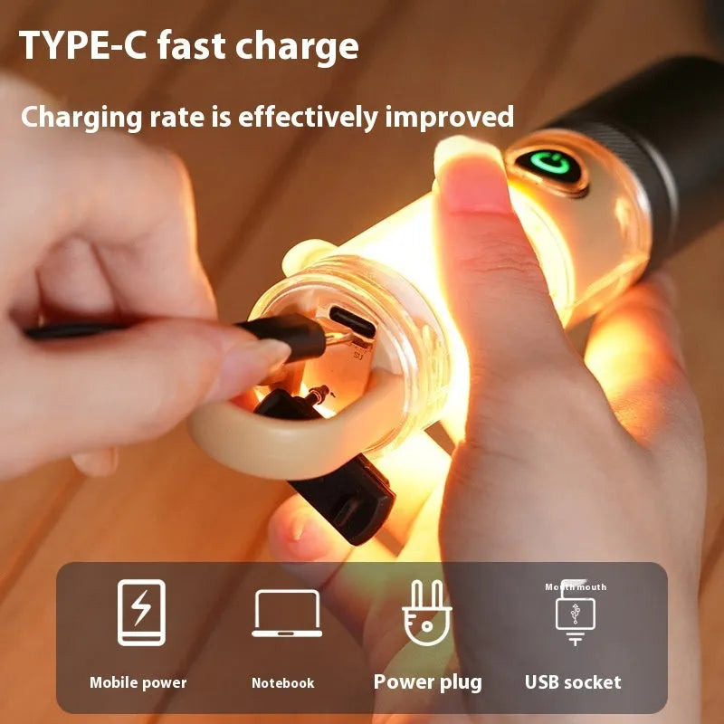 Orange 10W LED flashlight with dual light sources, optical zoom, and hanging hook