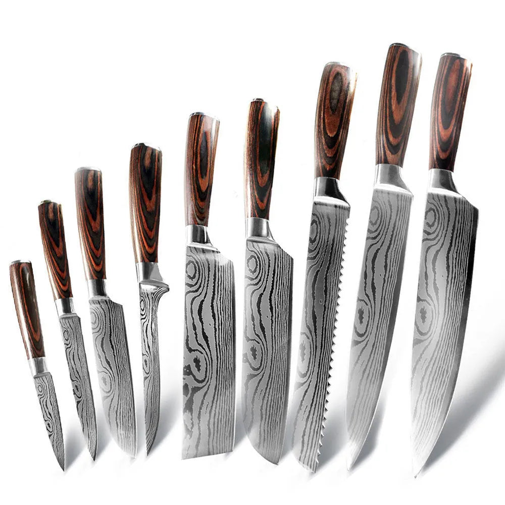 Kitchen chef knife with laser Damascus pattern on 7CR17 stainless steel blade and colour steel handle