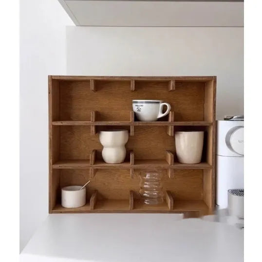 Square birch wood cup storage rack with multiple grid compartments