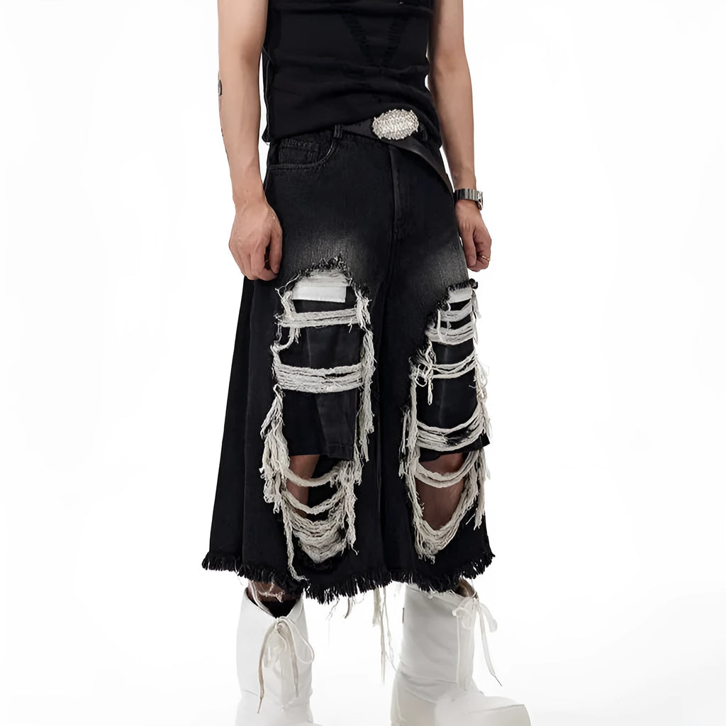 Black women's cropped wide-leg jeans with a mid-high waist and ripped patch distressing.