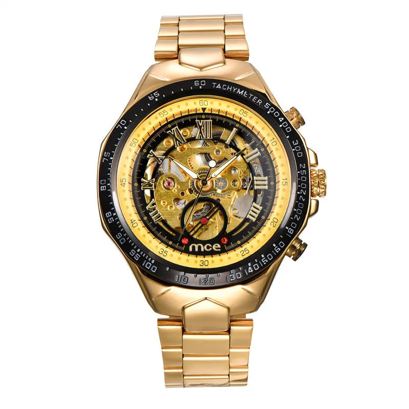 Men's mechanical watch with stainless steel case and brown leather strap showing luminous hands and date window