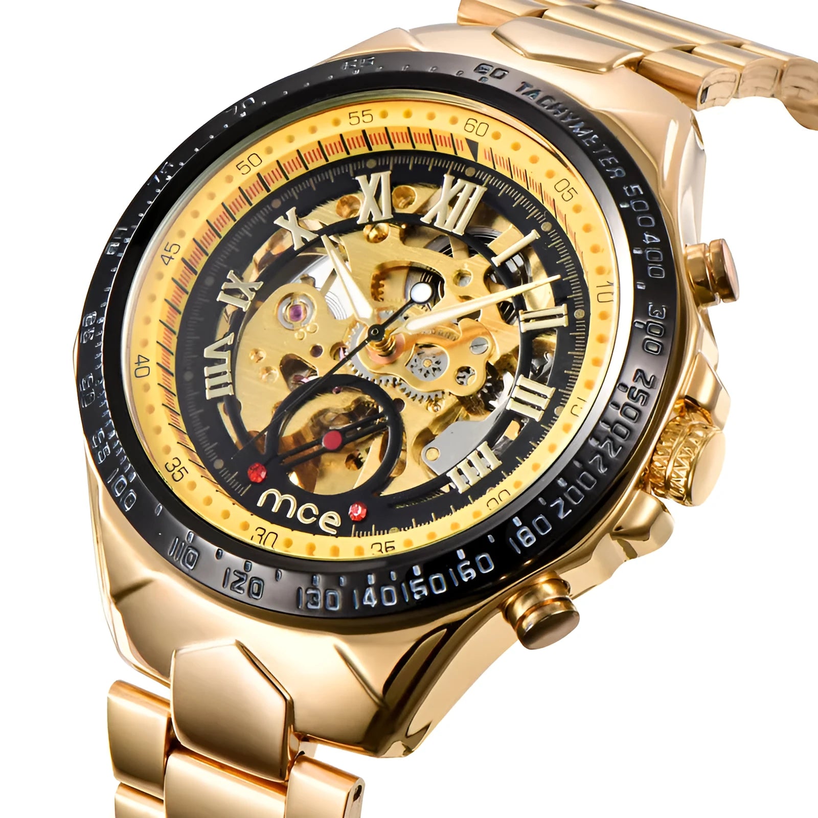 Men's mechanical watch with stainless steel case and brown leather strap showing luminous hands and date window