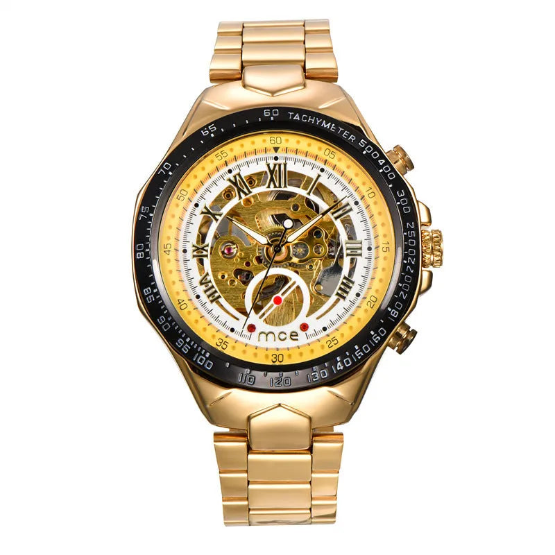Men's mechanical watch with stainless steel case and brown leather strap showing luminous hands and date window