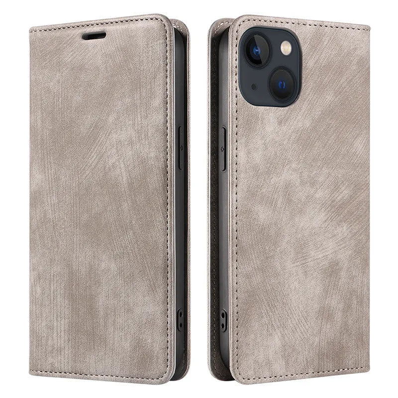Magnetic flip phone case for iPhone in various colours showing leather and TPU construction