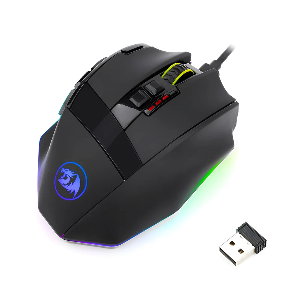 Black Redragon M801P wireless gaming mouse with multiple side buttons on ergonomic right-handed design