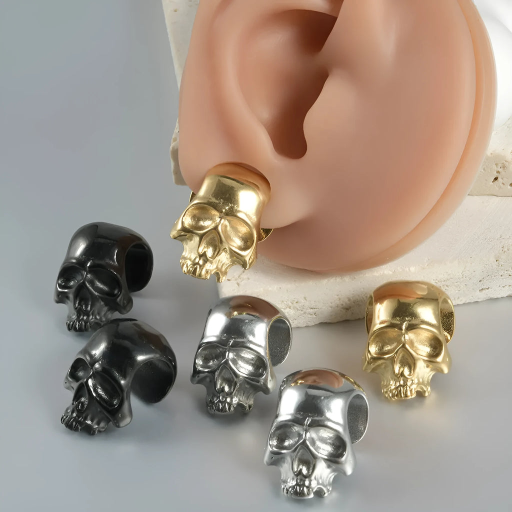 Stainless steel hollow skull Buddha earrings with geometric hip hop design in electroplated finishes