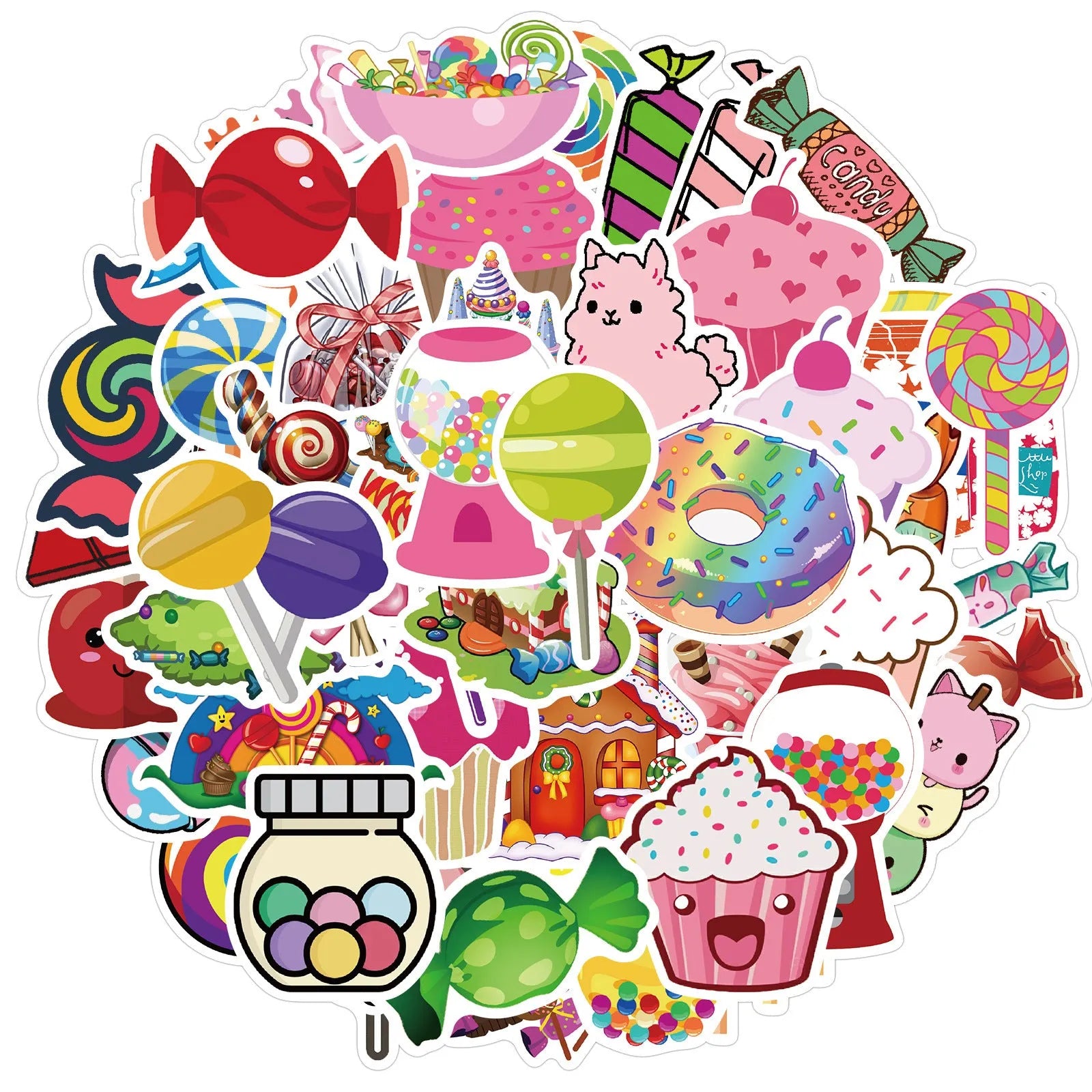 50 colourful Candy graffiti stickers with cartoon designs measuring 4-6cm