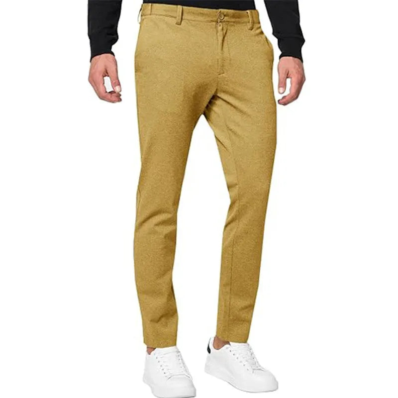 Men's slim-fit tapered chino trousers in cotton blend fabric showing five colour options