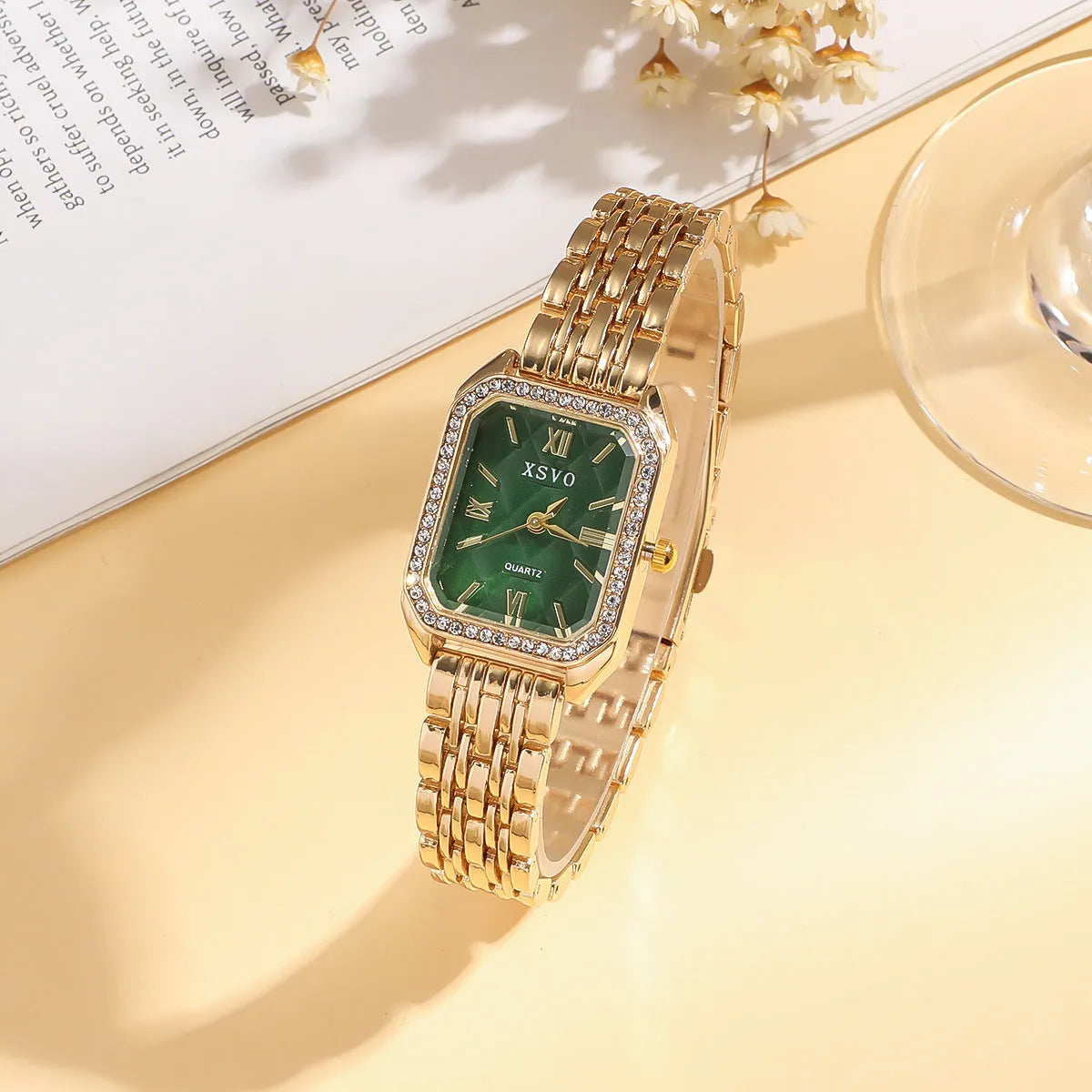 Gold green square women's watch with four matching bracelets in five-piece fashion jewellery set