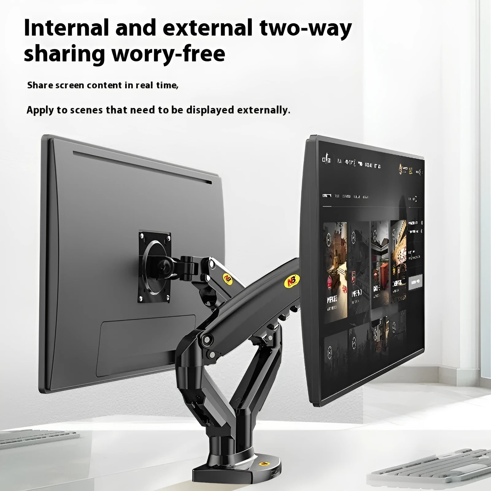 Dual screen vertical computer monitor bracket in aluminium alloy with mechanical height adjustment