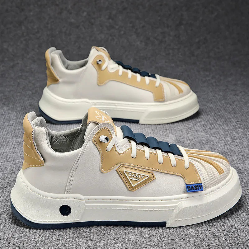 Men's beige low-top casual sneakers with elastic band and round toe, showing leather stitching detail.