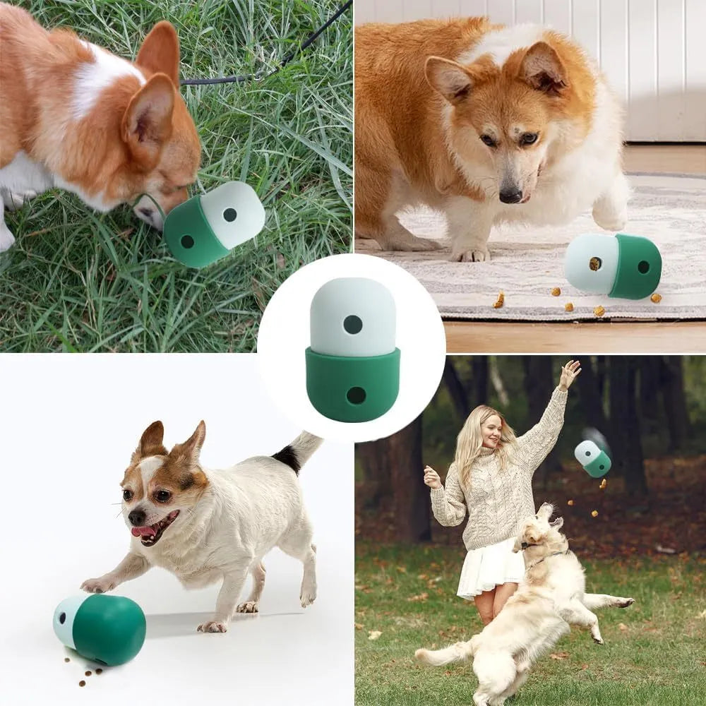 Food grade silicone dog treat puzzle ball in white with blue trim, measuring 8x11cm